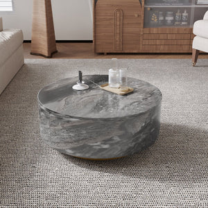 English Elm Tavola Round Coffee Table with Marble Pattern Top and Metal Legs, Two Drawers for Stylish Storage Brown B341P321163