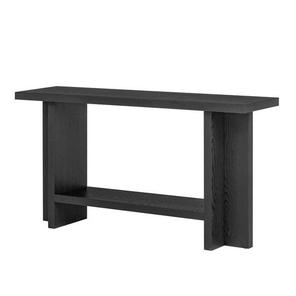 English Elm U_Style 60'' Minimalist Console Table With Ash Veneer, T-Shaped Legs & Spacious Display Shelves N711P241289B-GIGA