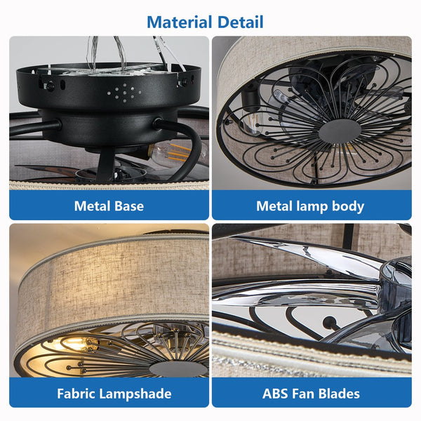 English Elm Caged 20" Flush Mount Ceiling Fan with Remote, Bohemian White Fabric Shade, LED Bladeless Silent Fan W1340P343836