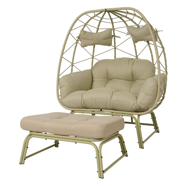 English Elm Double Wicker Egg Chair with Ottoman Bohemian Rattan Outdoor Lounge for Patio T5880P501480