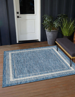 Unique Loom Outdoor Border Soft Border Machine Made Border Rug Blue, Ivory/Gray 13' 0" x 13' 0"