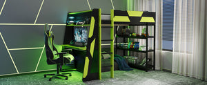 English Elm Full Size Gaming Loft Bed with Led Lighting Desk Shelves and Usb Charging Ports N820S00076F