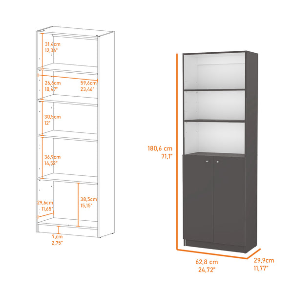 English Elm Sutton Modern 2-Door Bookcase with Concealed Cabinet & 3 Open Shelves, Multi-Finish Options B128P176171