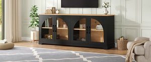 English Elm Farmhouse Media Console with Arched Glass Doors Wood Grain Two Tone Living Room Storage Black N721P411204B