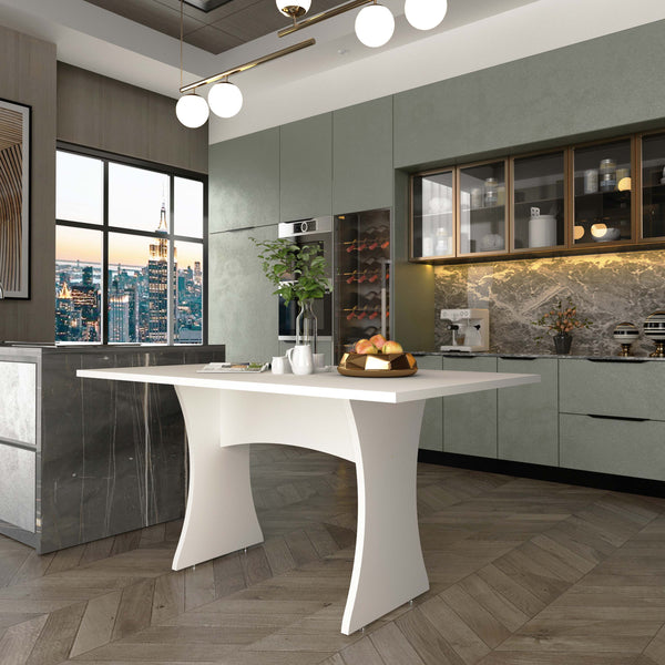 English Elm Coney 53" Dining Table with Curved Silhouette, Central H Base, Seats 6, Adjustable Metal Feet White B365P397684