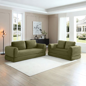 English Elm 2-in-1 Corduroy Futon Sofa Sleeper Modular Floor Couch for Studio and Guest Living Spaces Green W1117S00372