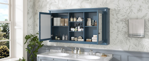 English Elm 55 Inch Wall Mount Medicine Cabinet Dual Mirrored Doors Soft Close Bathroom Vanity Storage Blue N710P401342C