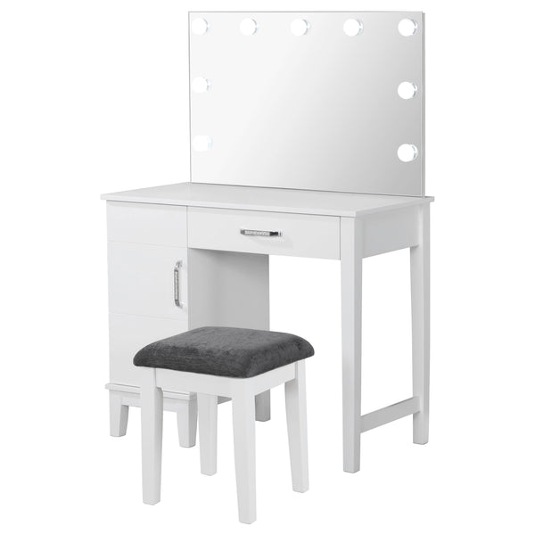 English Elm Elijah White Vanity Set with Lighted Mirror, Stool & Side Cabinet — Timeless Storage, Elegant Design B062S00866