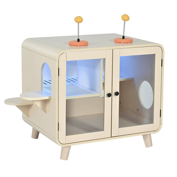 English Elm Cat Litter Box Enclosure Mdf Cabinet with Rgb Lighting Glass Doors and Play Loft Beige N704P419240A