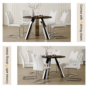 English Elm Table Set - Modern 42-Inch Round Dining Table With 6 Stylish White Chairs & Stainless Steel Legs W2920S00016-GIGA