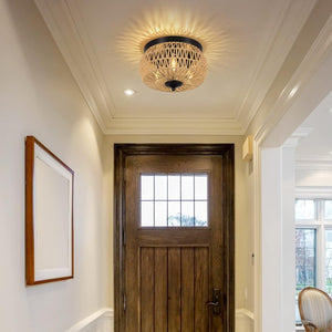 English Elm 3-Lights Woven Rattan Flush Mount Ceiling Light, Hand-Woven Cage Shade, Eco-Friendly Boho Fixture W2738P185409