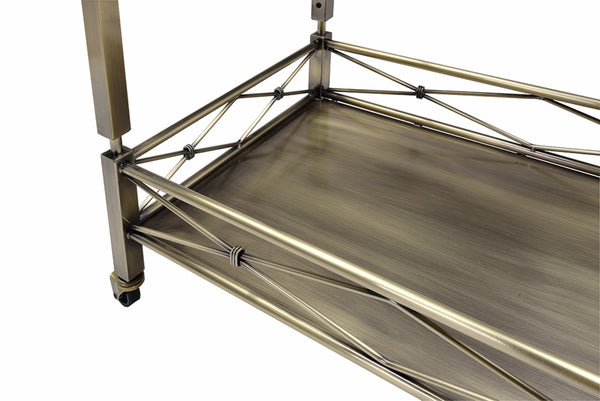 English Elm Matiesen Antique Gold Metal Bar Cart with Tempered Glass Top and Rolling Casters B2726P457128