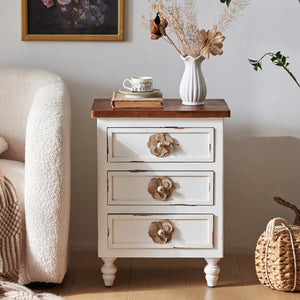 English Elm Vintage Farmhouse End Table with Floral Knobs 3-Drawer Rustic Nightstand Solid Wood Accents Antique White,Walnut W3306P318861
