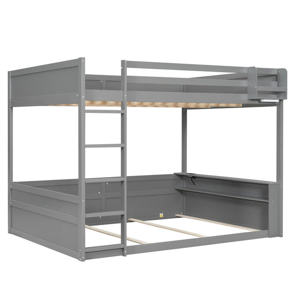 English Elm Queen Size Wooden Bunk Bed With Smart Storage, Led Light, Usb Charging & Modern Grey Finish N7090005006E-GIGA