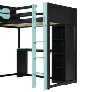 English Elm L-shaped Gaming Loft Bunk Bed Twin Wood Frame Rgb Lighting Usb Ports Storage Shelves Blue LT000295AAC