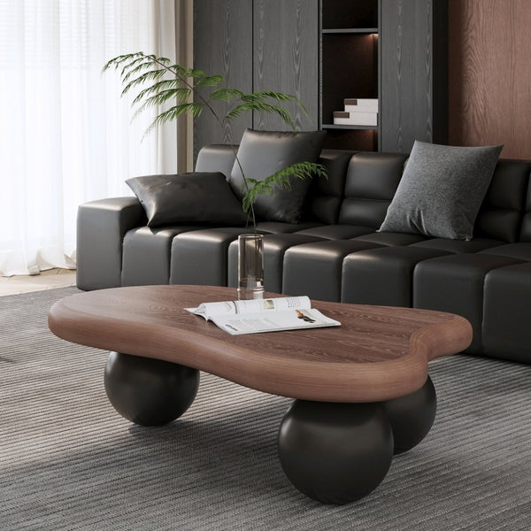 English Elm 47 Inch Organic Cloud Silhouette Coffee Table with Sculptural Ball Legs for Living Rooms Black + Dark Walnut W1435S00034