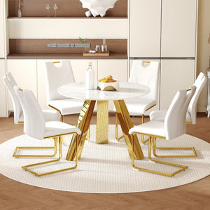 English Elm Table 7-Piece Dining Set - 42" Round Snow Mountain White Sintered Stone Table & Elegant Chairs W2920S00046-GIGA