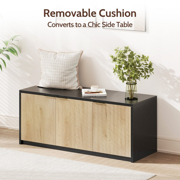 English Elm Vividwood Entryway Storage Bench Slatted Doors Padded Seat Modern Farmhouse Style T5618P505963