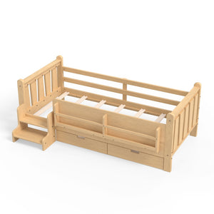 English Elm Twin Pine Floor Bed with Guardrails Built-in Bookcases and Stair Steps for Kids Light Natural W1580P430201