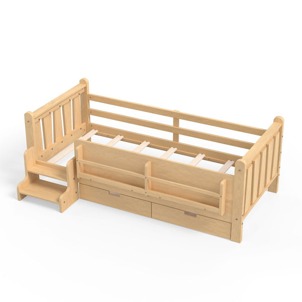English Elm Twin Pine Floor Bed with Guardrails Built-in Bookcases and Stair Steps for Kids Light Natural W1580P430201
