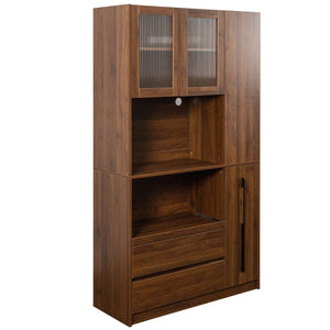 English Elm 70.87"h Tall Storage Cabinet Glass Panel Doors Asymmetric Drawers Modern Hallway Organizer W331S00213