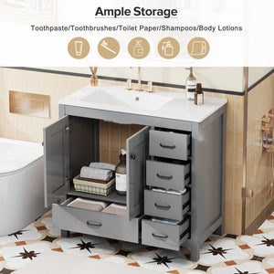 English Elm 36" Gray Bathroom Vanity with Ceramic Sink, 5 Drawers & Soft-Close Doors, Solid Wood Modern Storage N729P183735E