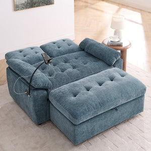 English Elm Leisure Chenille Two Seat Reclining Sofa with Usb Port Storage Ottoman Padded Armrests Blue W487S00516