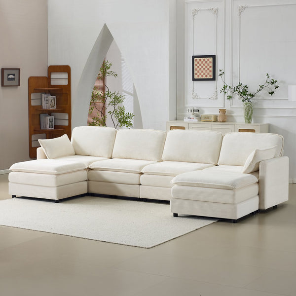 English Elm 136" Plush Cloud Modular 4-Seater Sofa with 2 Ottomans, Beige Corduroy, High-Resilience Foam Comfort, Durable Wood Frame W1829S00064