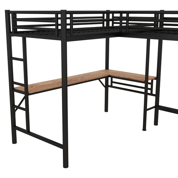English Elm Twin Metal Loft Bed with Two Built-In Desks, Black — Space-Saving L-Shaped Twin Bunk for Study & Sleep GX001114AAB-1