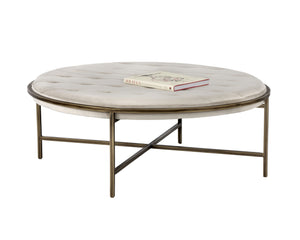 Sunpan Ethel Ottoman - Stylish Round Coffee Table with Durable Performance Fabric and Rustic Bronze Frame Piccolo Prosecco