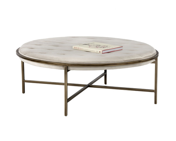 Sunpan Ethel Ottoman - Stylish Round Coffee Table with Durable Performance Fabric and Rustic Bronze Frame Piccolo Prosecco