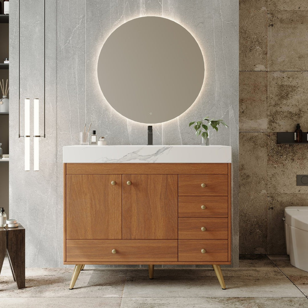 English Elm 36" Freestanding Bathroom Vanity Sintered Stone Top Ceramic Sink Stainless Steel Legs Gold,Walnut,White W3136S00070