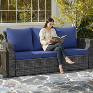 English Elm 67.7" Outdoor Wicker Three Seat Sofa High Back Pe Frame Patio Lounge Furniture Blue B082P455182