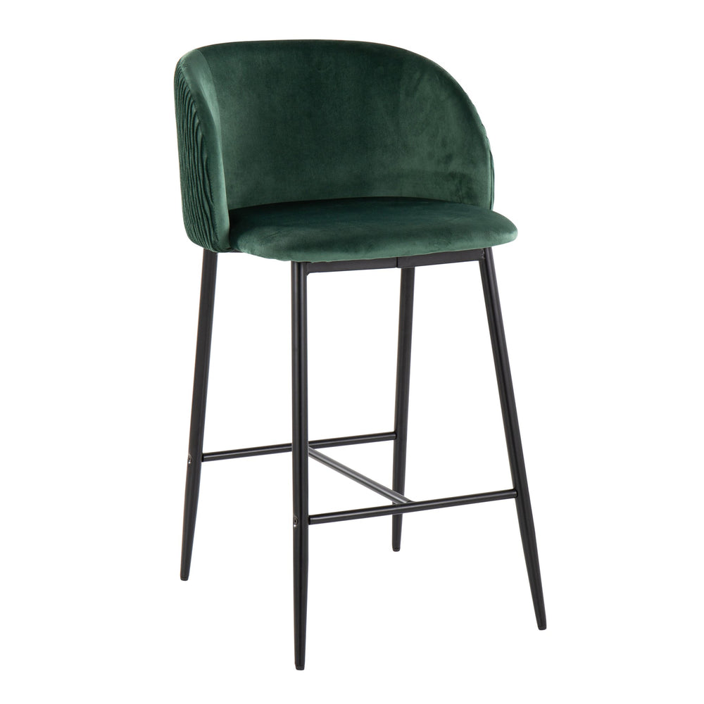 English Elm Fran Pleated Waves Counter Stool Set Of 2 - Luxurious Green Velvet & Modern Black Metal Design B202S00279