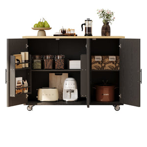 English Elm K&K Farmhouse Kitchen Island with Geometric Twill Doors, ASH Bark Top, Drop Leaf & Lockable Wheels Black N707P221444B