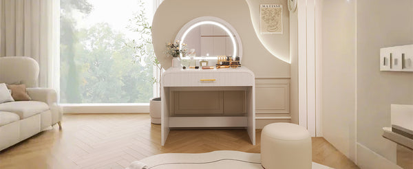 English Elm 39" Makeup Vanity Table with Touchscreen LED Mirror, Sleek Dressing Table with Drawer and Glass Top - Durable Rubberwood, Fast Assembly White N704P196658K