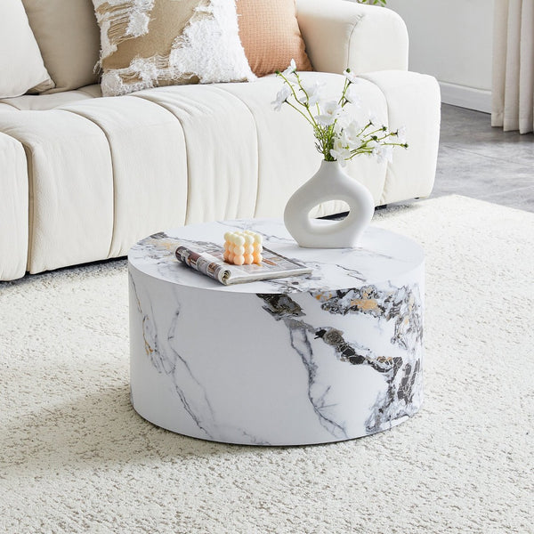 English Elm Simple Marble Top Round Coffee Table with Natural Veining for Modern Living Rooms White W1151P385650