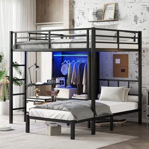 English Elm Full Xl Over Twin Metal Bunk Bed With Foldable Desk, Led Closet & Noise Reduction - Space Saver! W1580S00113