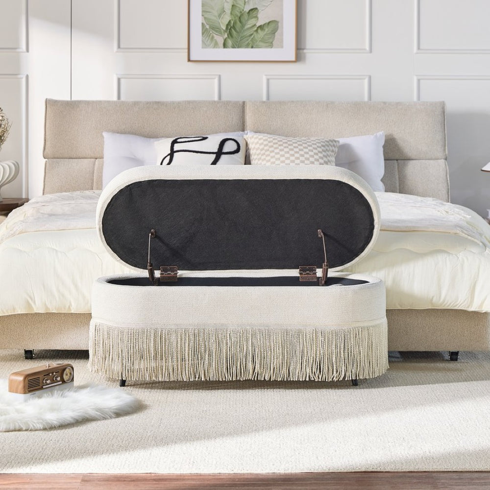 English Elm Oval Fringe Trim Upholstered Lift Top Storage Ottoman Stylish Footrest for Any Room Beige W5501P462403
