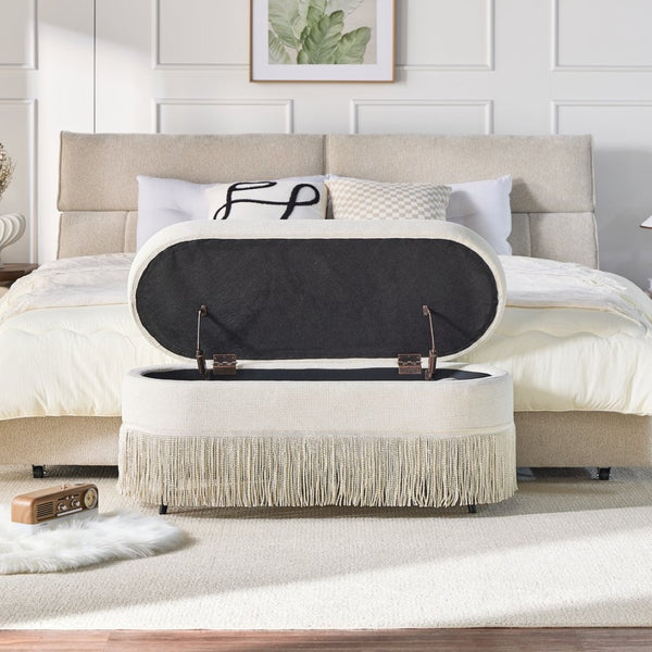 English Elm Oval Fringe Trim Upholstered Lift Top Storage Ottoman Stylish Footrest for Any Room Beige W5501P462403