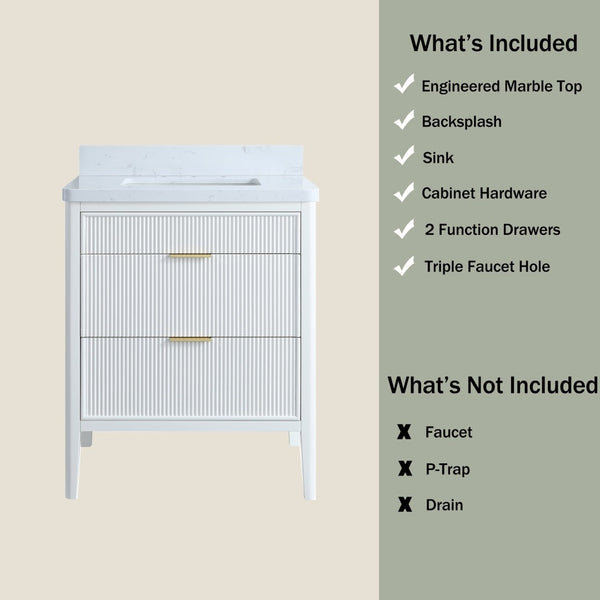 English Elm Fully Assembled 30 Inch Bathroom Vanity Solid Rubberwood Cabinet Carrara Marble Top W1826P439632