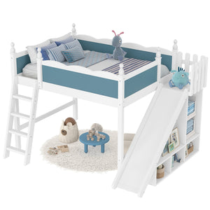 English Elm Full Loft Bed With Slide, Storage Shelves & Cabinet - Solid Wood Design For Fun & Organization! W1580S00246