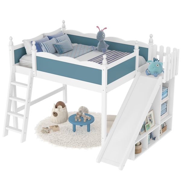 English Elm Full Loft Bed With Slide, Storage Shelves & Cabinet - Solid Wood Design For Fun & Organization! W1580S00246