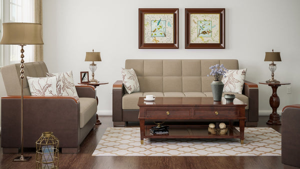 English Elm Primenest Zenaero X Convertible Loveseat With Storage, Beige Chenille & Brown Trim For Small Spaces B030P281771-GIGA