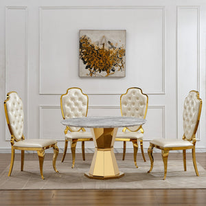 English Elm 47" Round Marble Dining Table - Luxurious Faux Marble Top & Gold Stainless Steel Base For Modern Homes W3456S00006