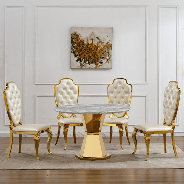 English Elm 47" Round Marble Dining Table - Luxurious Faux Marble Top & Gold Stainless Steel Base For Modern Homes W3456S00006