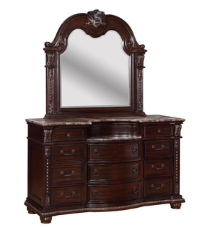 English Elm 1pc Marble Top Five Drawers Tall Chest with Intricate Moldings, Curved Silhouette & Antiqued Hardware Brown,Cherry 71.5 L x 25 W x 42.25 H B2741P366084