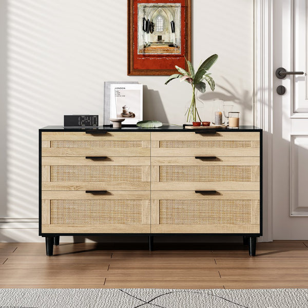 English Elm 51" Rattan Dresser with Six Drawers, Stylish Woven Storage Chest with Metal Handles and Wood Legs for Bedroom Hallway Living Room Black W757P209508