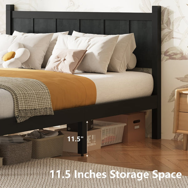 English Elm Twin Platform Bed Vertical Slat Headboard Farmhouse Shaker Wood Grain Finish Bedroom Black N733P422479E