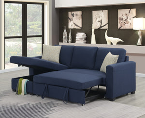 English Elm Navy Fabric Sleeper Sectional with Lift Top Storage Chaise for Compact Living Rooms B361S00027